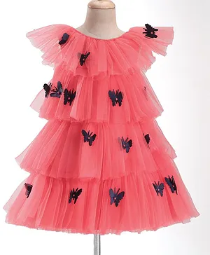 Enfance Sleeveless Butterfly Applique Detailed Layered Dress - Tomato Red