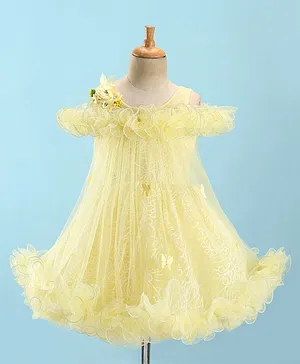 Enfance Cold Shoulder Flower Applique Detailed Flared Dress - Lemon Yellow