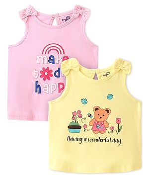 Doodle Poodle 100% Cotton Sleeveless Teddy & Text Printed Tops Pack Of 2 - Elfin Yellow & Pink A Boo