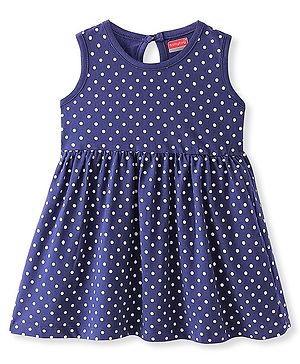 Babyhug 100% Cotton Single Jersey Knit Sleeveless Frock Polka Dot Print - Navy Blue