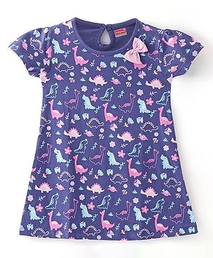 Babyhug Cotton Knit Half Sleeves  Frock Dino Print - Navy Blue