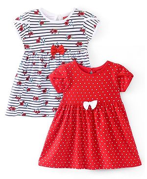 Babyhug Single Jersey Knit Half Sleeves Frocks with Bow Applique Striped Polka Dots & Floral Print Pack of 2 - Multicolour