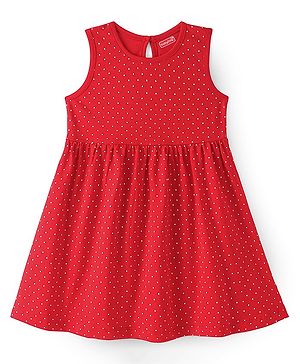 Babyhug Cotton Knit Sleeveless Frock with Polka Dots Print - Red