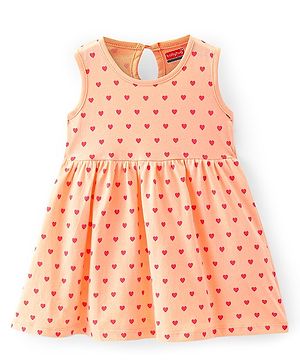 Babyhug Single Jersey Cotton Knit Sleeveless Frock with Heart Print - Peach