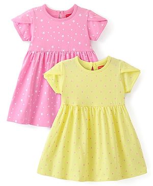 Babyhug Single Jersey Knit Half Sleeves Frocks with Polka Dots & Star Print Pack of 2 - Multicolour