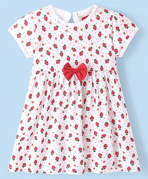 Babyhug Single Jersey Knit Half Sleeves Frock With Strawberry Print & Bow Applique - White