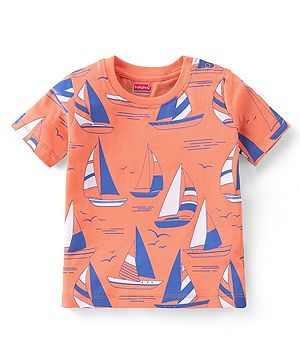 Babyhug Cotton Knit Half Sleeves T-Shirt with Boat Print - Orange