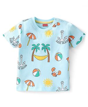 Babyhug Cotton Knit Half Sleeves T-Shirt Beach Print - Light Blue