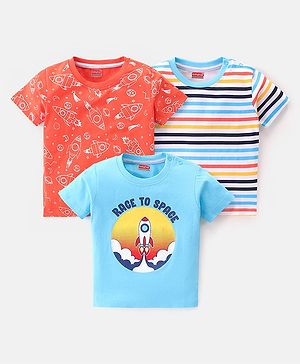 Babyhug  Cotton Knit Half Sleeves  T-Shirts Striped & Rocket Print Pack of 3  - Multicolour