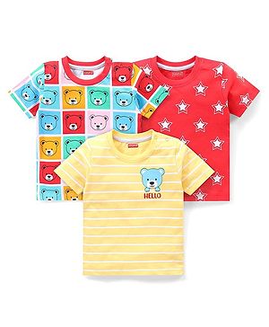 Babyhug Cotton Half Sleeves T-Shirt With Bear & Stars Graphics Pack of 3 - Multicolor
