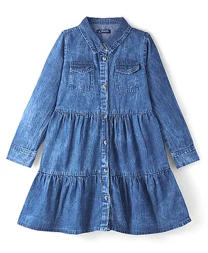 Pine Kids 100% Cotton Woven Denim Full Sleeves Shirt Dress Solid Colour -Light Blue