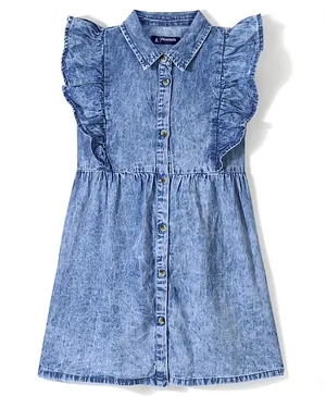 Pine Kids 100% Cotton Woven Denim Sleeveless Shirt Dress Solid Colour - Blue
