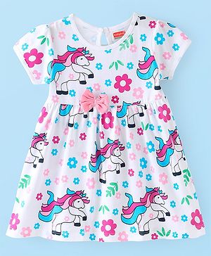 Babyhug Sing le Jersey Knit Half Sleeves Frock with Unicorn Print - White