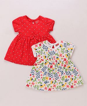 Babyhug Single Jersey Knit Half Sleeves Frocks with Polka Dots & Floral Print Bow Detailing Pack of 2 - Multicolour