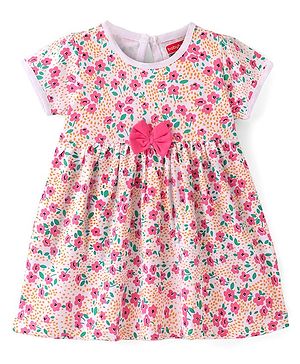 Babyhug Cotton Knit Half Sleeves Frock with Floral Print & Bow Applique - Pink