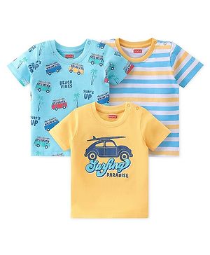 Babyhug 100% Cotton Knit Half Sleeves T-Shirt With Vans & Car Graphics Pack Of 3 - Yellow & Blue