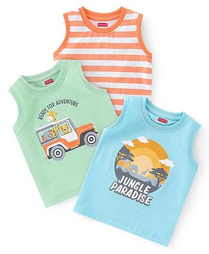 Babyhug 100% Cotton Knit Sleeveless T-Shirt With Striped & Jungle Theme Graphics Pack Of 3 - Orange Green & Blue