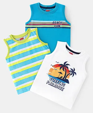 Babyhug 100% Cotton Knit Sleeveless T-Shirt With Striped & Tropical Graphics Pack Of 3 - Green Blue & White