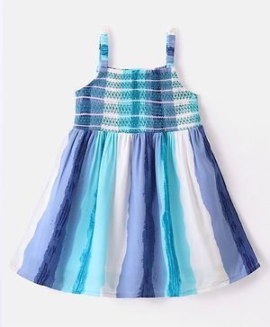 Babyhug Rayon Knit Singlet Sleeves Striped Frock - Blue