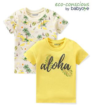 Babyoye 100% Cotton Half Sleeves Tropical & Beach Printed T-Shirts Pack of 2 - Yellow & Offwhite