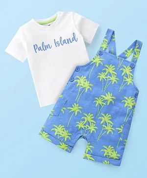Babyhug 100% Cotton Knit Dungaree & Half Sleeves T-Shirt Set With Text & Tropical Print - Blue & White