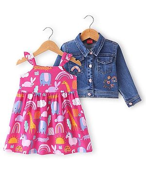 Babyhug Single Jersey Knit Frock With Full Sleeves Jacket Animal Print - Wine