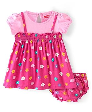 Babyhug Single Jersey Knit Half Sleeves Floral Printed Frock with Bloomer - Pink