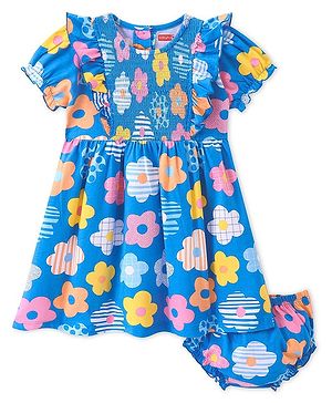Babyhug 100% Cotton Single Jersey Knit Half Sleeves Frock With Bloomer Floral Print - Blue