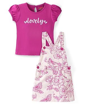 Babyhug Single Jersey Knit Floral Printed Frock With Half Sleeves Inner Tee - Pink