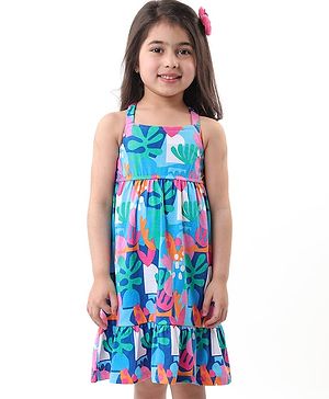 Babyhug 100% Cotton Knit Sleeveless Frock with Floral Print  - Blue