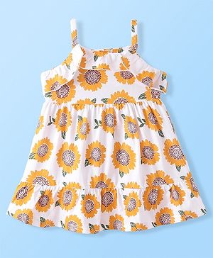 Babyhug Single Jersey Knit Sleeveless Frock With Floral Print - White