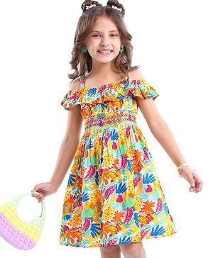 Babyhug 100% Viscose Woven Sleeveless Off Shoulder Frock Fruits Print - Multicolour