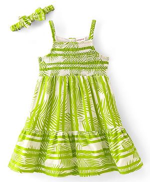 Babyhug 100% Viscose Woven Sleeveless Frock with Head Band Leafy Print - Green