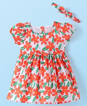 Babyhug Poplin Woven Half Sleeves Floral Printed Frock with Headband - Red & White