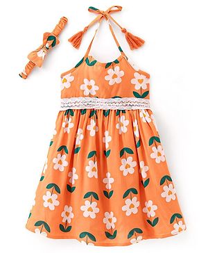 Babyhug 100% Viscose Woven Sleeveless Frock with Head Band Floral Print -Orange