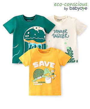 Babyoye 100% Cotton Knit Half Sleeves T-Shirt with Turtle Print Pack of 3 - Multicolour