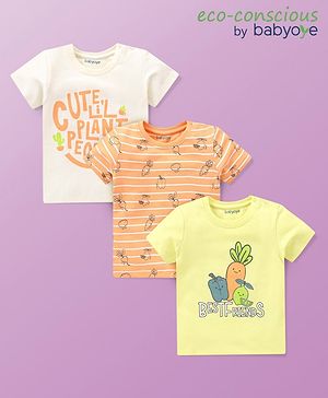 Babyoye 100% Cotton Half Sleeves Striped & Veggies Printed T-Shirts Pack of 3 - Multicolour