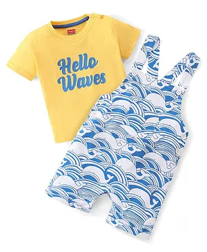 Babyhug 100% Cotton Knit Single Jersey Dungaree & Half Sleeves T-Shirt Set With Text & Waves Print - Blue & Yellow