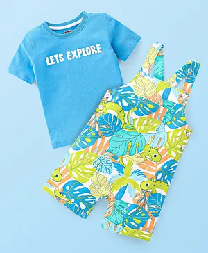 Babyhug 100% Cotton Knit Dungaree & Half Sleeves T-Shirt Set With Text & Tropical Print - Blue & Green