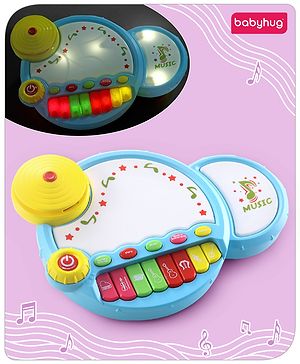 Babyhug Premium 2 in 1 Jazz Drum Piano for Kids- Blue| Fun Musical Toy with Light for Kids| Sound Toy with 8 Multicolored Piano Keys| Pre-school Musical Instrument Learning for 12 Months+ Kids| BIS Certified