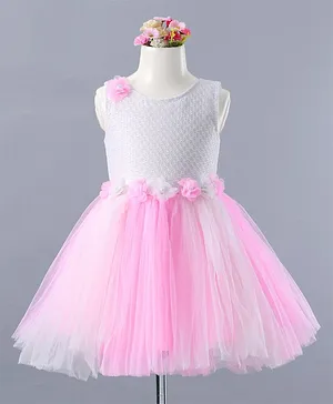 Enfance Sleeveless Corsage Applique Embroidered Net Frilled Party Wear Dress - Pink