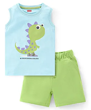 Babyhug Cotton Knit Single Jersey Sleeveless T-Shirt & Shorts With Dino Print - Blue & Green