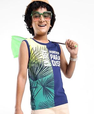 Pine Kids Cotton Sleeveless T-Shirt Tropical Theme Print - Blue Depths
