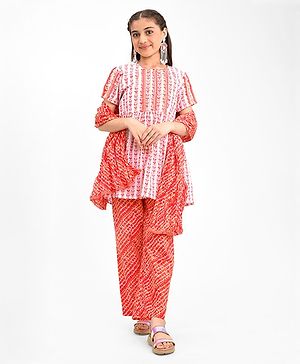 Pine Kids 100% Cotton Woven Half Sleeves Kurta & Laheriya Print Palazzo Set With Dupatta - Off White & Orange