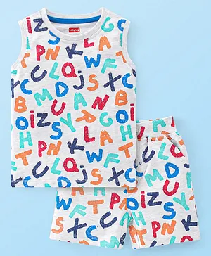 Babyhug Cotton Knit Sleeveless Alphabets Printed T-Shirt & Shorts Set - Multicolour