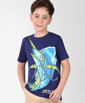 Pine Kids Cotton Half Sleeves T-Shirt Robotic Shark Print - Blue Depths