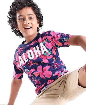 Pine Kids Cotton Knit Half Sleeves T-Shirt Floral & Text Print - Blue