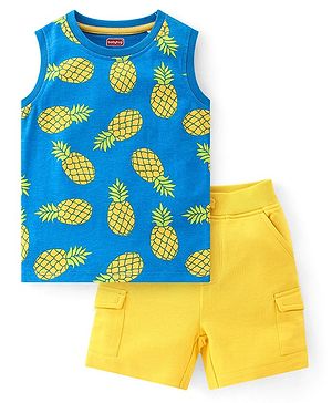 Babyhug Single Jersey Knit Sleeveless T-Shirt with Shorts Set Pineapple Print - Yellow & Blue