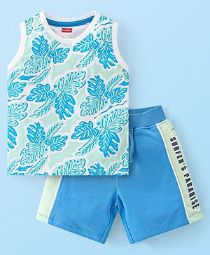 Babyhug 100% Cotton Knit Sleeveless T-Shirt & Shorts Leaf Print - Blue & Green