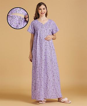 MomToBe Half Sleeves Floral Printed Maternity Feeding Nighty With Concealed Zipper -  Purple